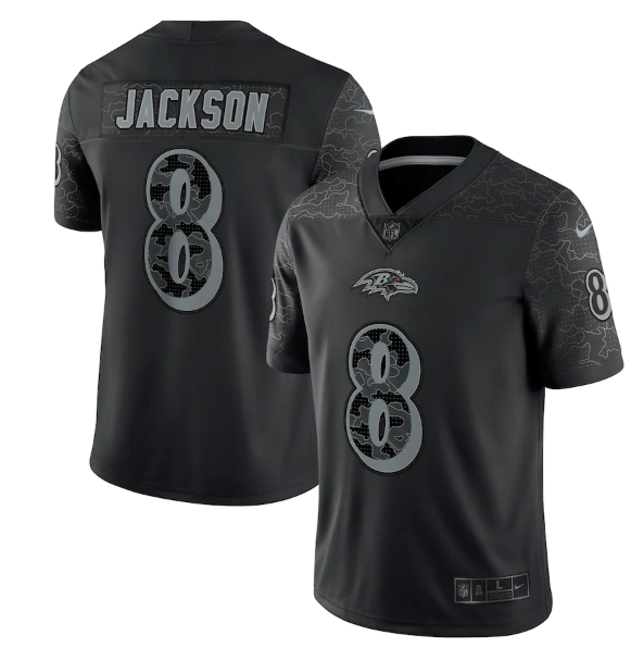 Men's Baltimore Ravens #8 Lamar Jackson Black Reflective Limited Stitched Football Jersey Men's Baltimore Ravens #8 Lamar Jackson Black Reflective Limited Stitched Football Jersey